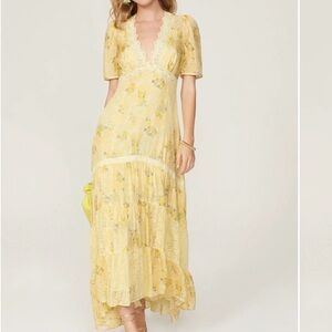 LoveShackFancy Yellow Floral Lace-Trim Maxi Dress